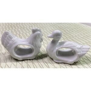 Farmhouse Vintage Napkin Rings White‎ Porcelain Animals Duck&Rooster Japan